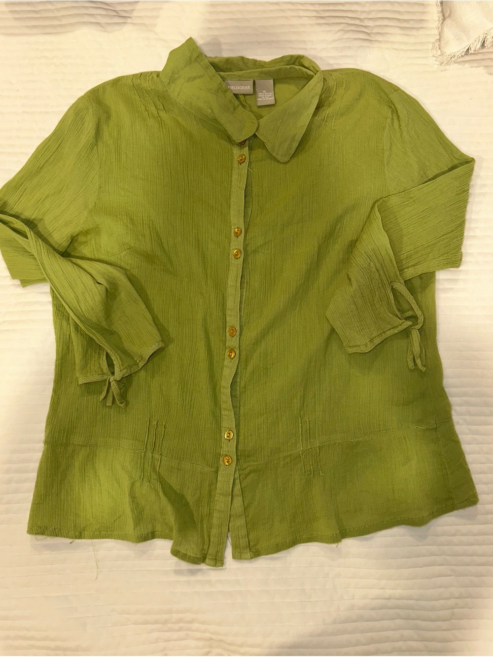 Green Button-Front Women's Collared Shirt with Tie Sleeve Detail